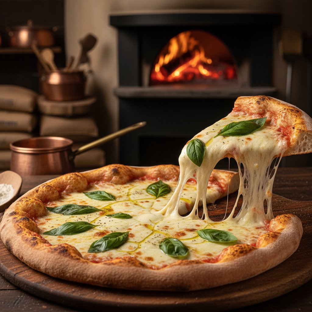 Fresh Italian pizza with melted mozzarella and basil ready for delivery in Los Angeles